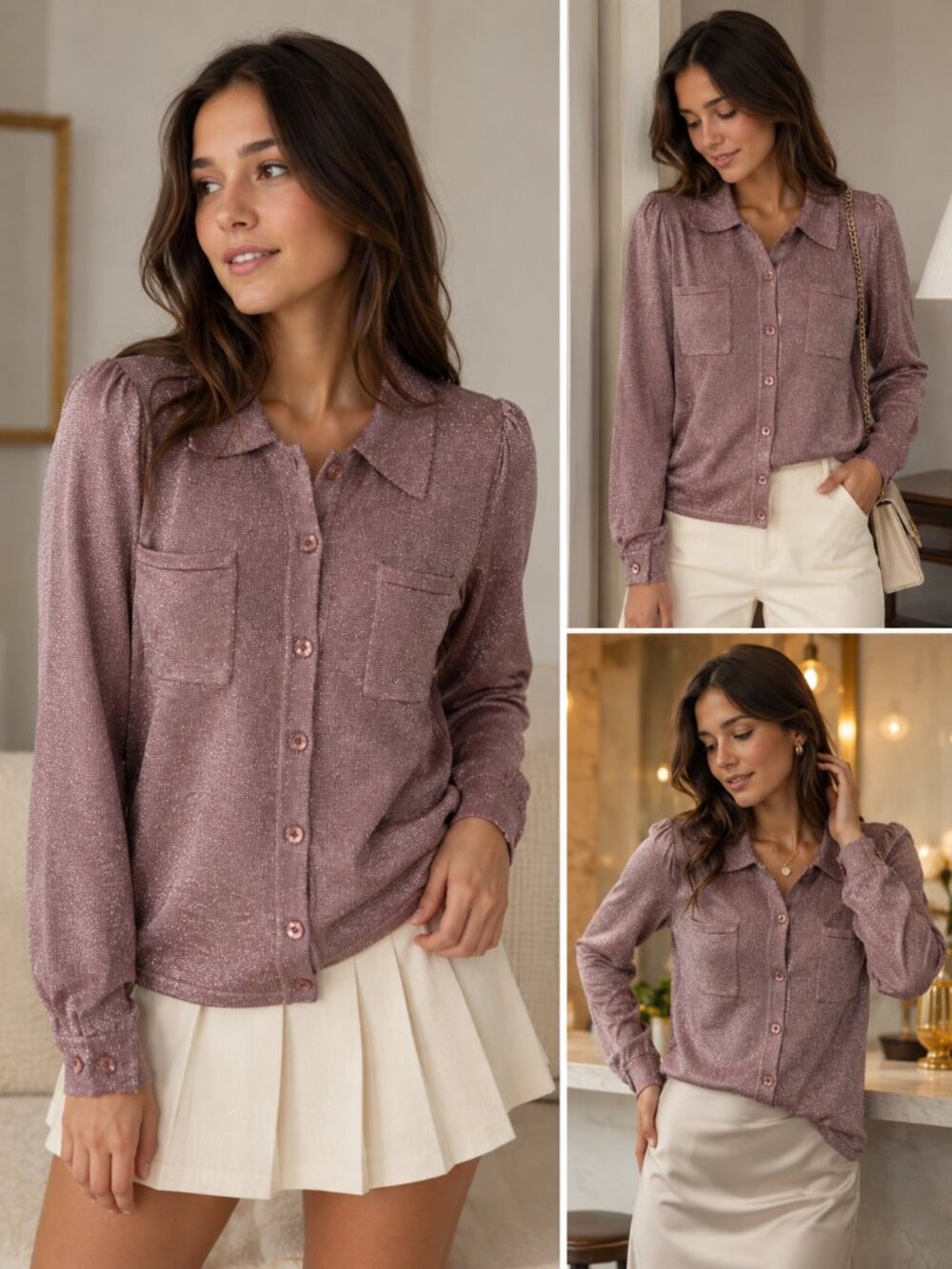 PORTER Girls Size 18 Pink Metallic Knit Collared Button-Front Cardigan Sweater